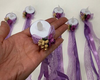 12x LED Henna Evening Hand Candle Tealight Lace Purple Lilac Gold Bud Kina Gecesi El Mumu