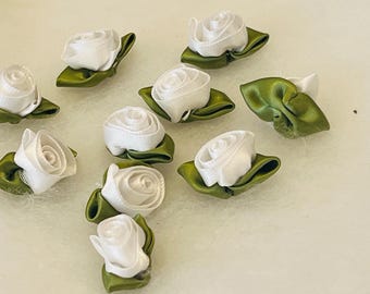 Satin Ribbon Roses 10 Pcs White DIY Wedding Pin Ribbon Flower