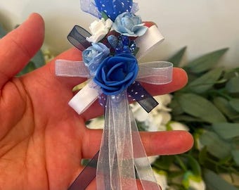 Flower Badge Groom Best Man Navy Blue White Cream Light Blue Paper Roses Satin Organza Bow