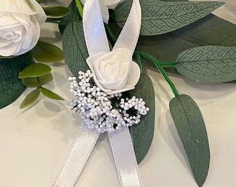 Groom Flower Pin White Rose Satin Bow Buttonhole Corsage Damat Yaka Cicegi