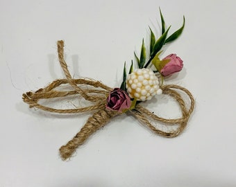 Flower Lapel Pin Groom White Rose Boho Damat Yaka Cicegi Pearl Jute Rope Satin Bow Button Flower Bouquet