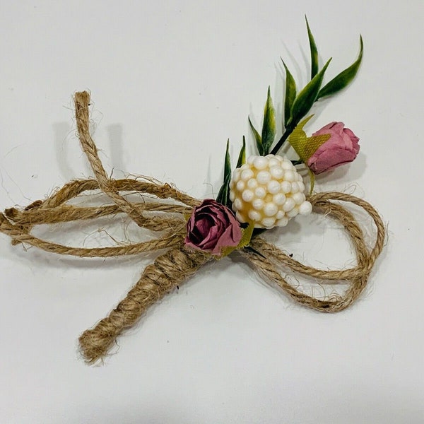 Flower Lapel Pin Groom White Rose Boho Damat Yaka Cicegi Pearl Jute Rope Satin Bow Button Flower Bouquet