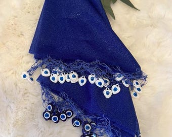 Halay Mendili Large Dance Scarves Blue Sünnet Wedding White Nazar Heart Sequin Scarves Evil Eyes
