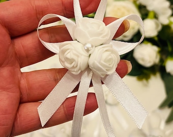 Groom Flower Pin White Pin Latex Rose Satin Ribbon Bow Pearl