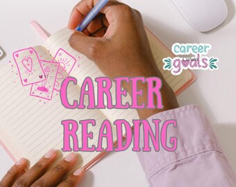 May include: A person writing in a notebook with the words "CAREER READING" in pink. The notebook has a pink cover and a few tarot card illustrations. A sticker that says "career and goals" is also visible.