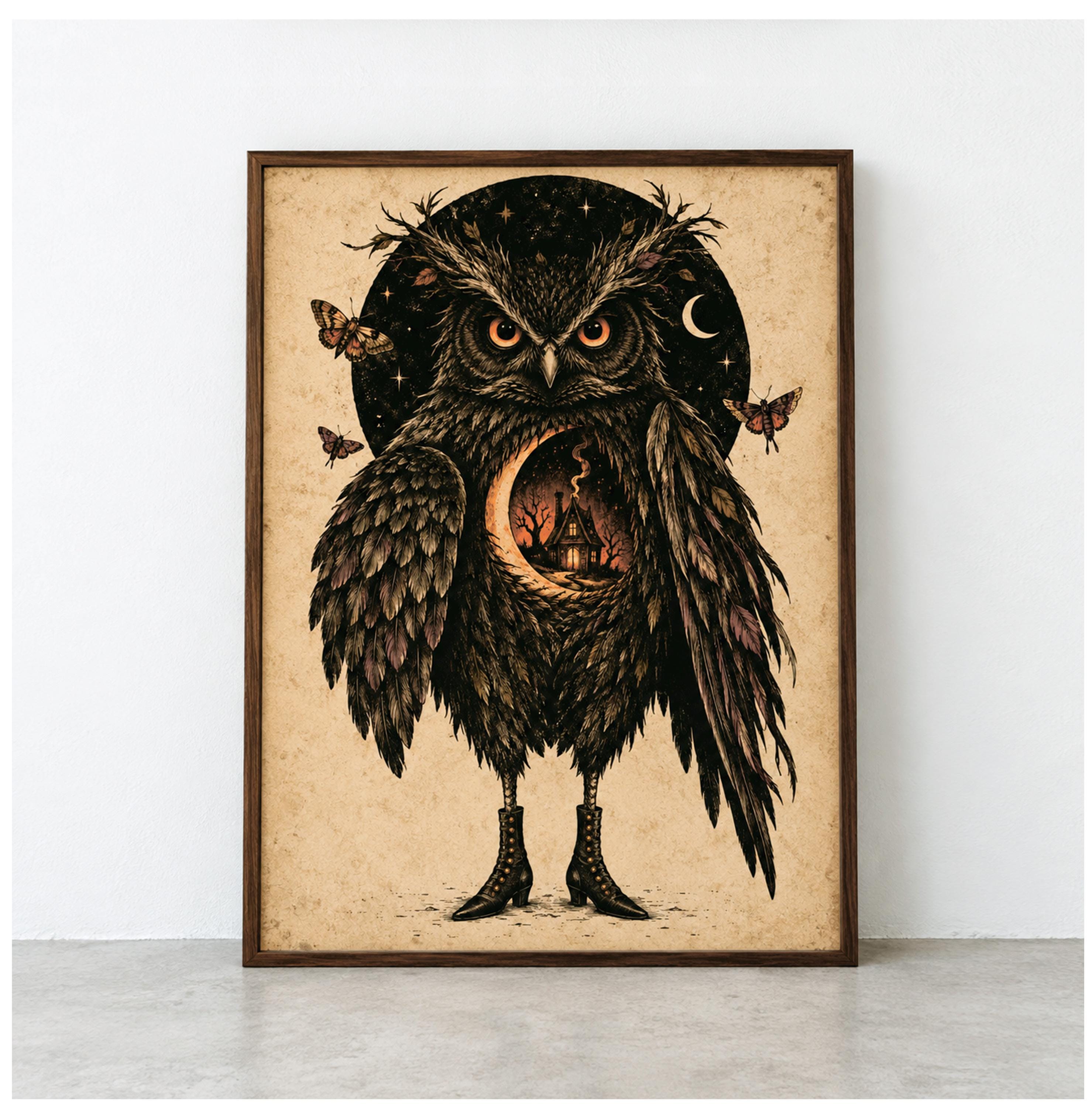 Gothic Owl Framed Poster, Witchy Halloween Wall Art, Moonlit Cottage Illustration (Framed Print)