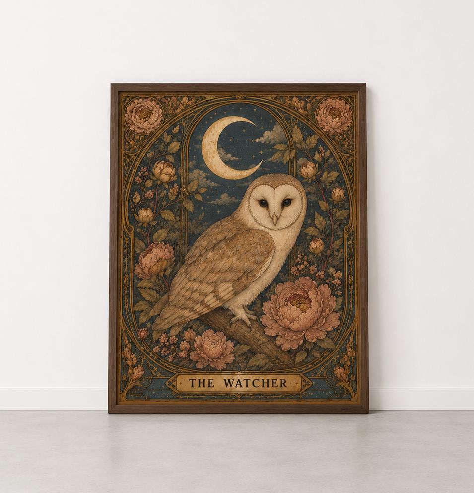 Vintage Barn Owl Framed Poster, Celestial Woodland Art Print