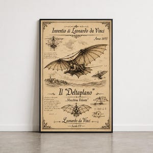 May include: A framed poster on a beige background featuring black ink technical sketches of Leonardo da Vinci's flying machine. The text includes Inventio di Leonardo da Vinci, Anno 1495, Il Deltaplano, Macchina Volante, and Leonardo da Vinci Secolo XV.