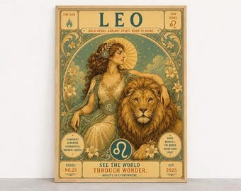Art Nouveau Leo Zodiac Framed Poster, Vintage Astrology Illustration, Celestial Wall Art