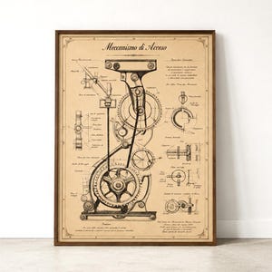 May include: A framed technical drawing on aged parchment-colored paper titled Meccanismo di Acceso. The print features detailed black ink illustrations of a mechanical gear system, including various cross-sections, labels, and descriptive Italian text.