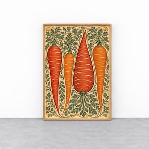 May include: A rectangular wall art print featuring four orange carrots of varying sizes arranged vertically. The carrots are surrounded by intricate, symmetrical green leafy foliage patterns set against a cream-coloured background, all enclosed within a light wood frame.