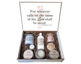 Christian Spa Gift Box | Romans 10:13 Self Care Package, Handmade Body Products