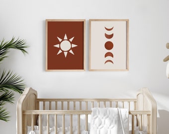 Boho Sun and Moon Print, Boho nursery set, sun and moon nursery art, terracotta print set, sun and moon set of 2, earth tone nursery