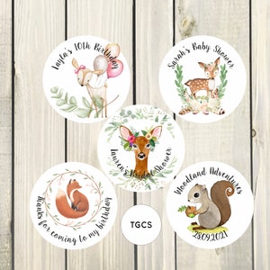 CUSTOM Woodland Stickers- 37mm & 51mm Circles, Foal/Deer/Fox/Squirrel, baby shower, birthday party invite, thank you for coming, bridal