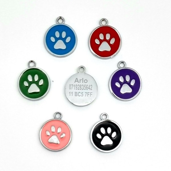 Personalized engraved pet id tag, puppy tag, circle tag, paw print tags, kitten tag, cat tag