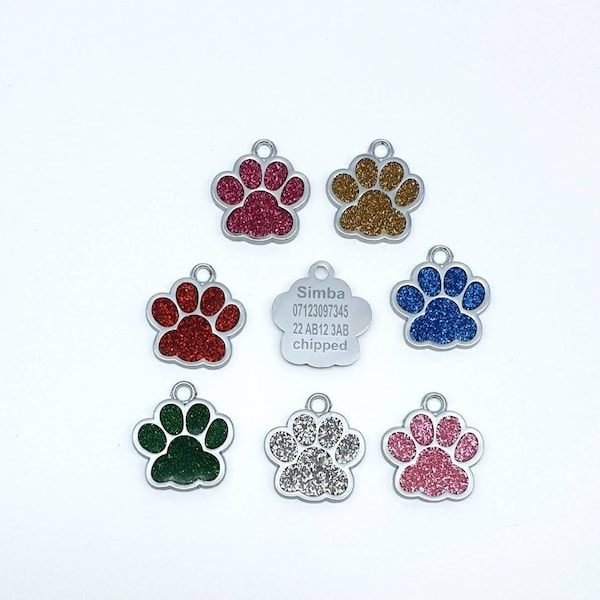 Personalized engraved glitter paw print dog ID tag cat tag pet tag reflective, stainlesss steel ID tags