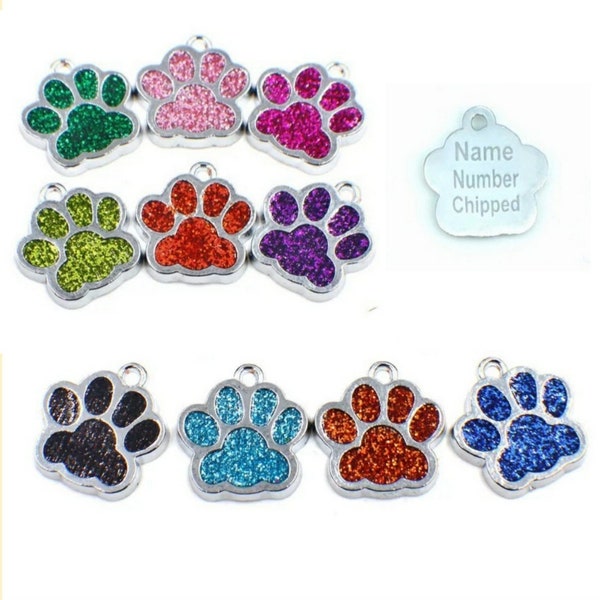 Personalised engraved mini glitter paw print, pet id tags, pet tag, cat tag, dog tag