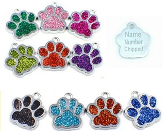 Personalised engraved mini glitter paw print, pet id tags, pet tag, cat tag, dog tag