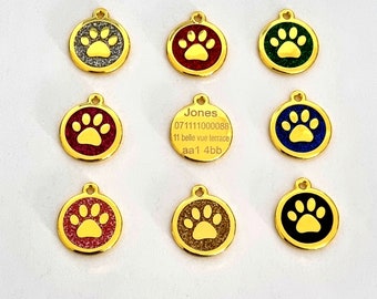 gold Dog Tag Pet Tags Cat ID Collar Tags Personalised Engraved Glitter Paw Print