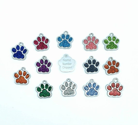 Personalized Engraved Mini Glitter Paw Print Pet ID Tags Dog Tags