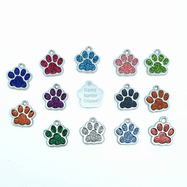 Personalized engraved mini glitter paw print pet ID tags, dog tags, cat tags, puppy tags, ID tags, engraved dog tag