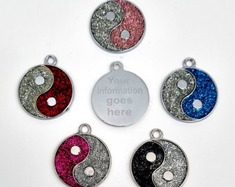 Personalised engraved glitter yin and yang dog tag, pet ID tags, glitter circle