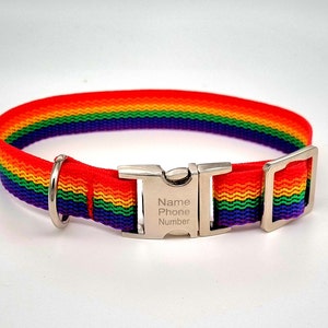 Handmade personalised engraved nylon dog collar, rainbow pet collar engraved tag