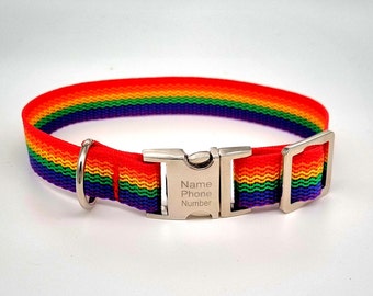 Handmade personalised engraved nylon dog collar, rainbow pet collar engraved tag
