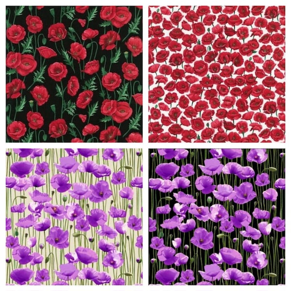 Field white red poppies 100% Cotton Fabric Floral Flowers Collection