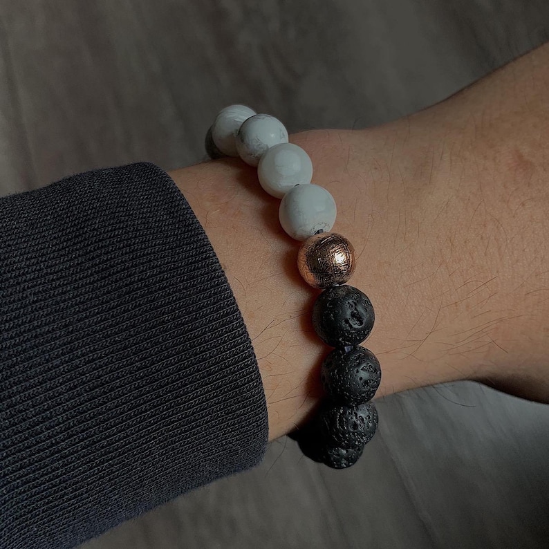Calming Bracelet Black Lava 10mm Howlite Meteorite Duality Bracelet Yin Yang
