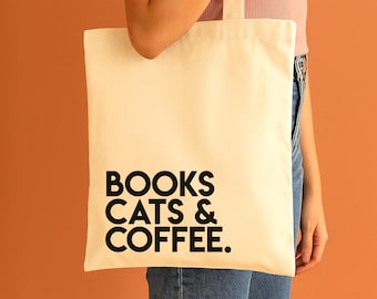 Bookish Tote Bag | Books, Cat & Coffee | Long Handles | Book Lover Reusable Gift
