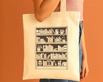 Bookish Tote Bag: Bookshelf Illustration, Reusable Canvas