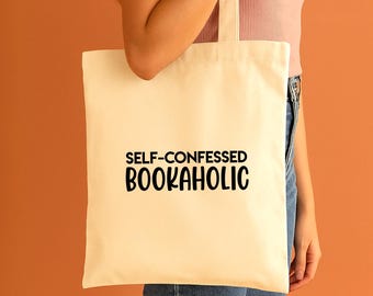 Bookish Tote Bag | Self-Confessed Bookaholic | Book Lover Gift | Reusable Canvas Bag with Long Handles