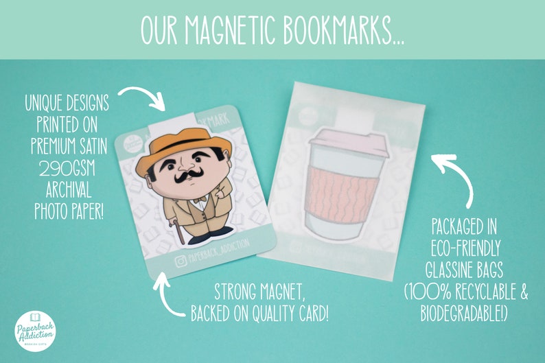 May include: Two magnetic bookmarks, one featuring a cartoon illustration of a man in a brown suit and hat, and the other featuring a cartoon illustration of a coffee cup. The bookmarks are printed on 290gsm archival photo paper and packaged in eco-friendly glassine bags.