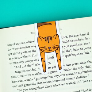 May include: Orange and brown cat bookmark with the text "esult" and "ry" on it. The bookmark is placed in a book with text about a woman and a spell.