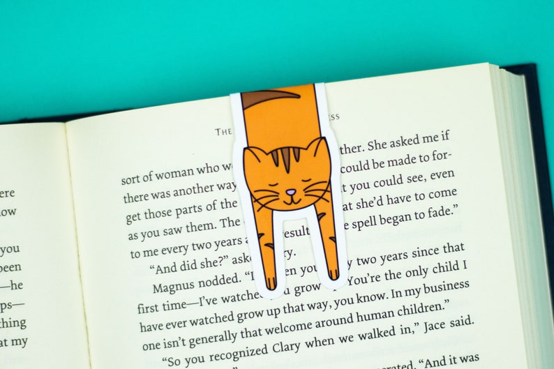 May include: Orange and brown cat bookmark with the text "esult" and "ry" on it. The bookmark is placed in a book with text about a woman and a spell.