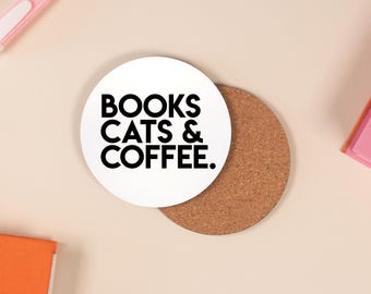 Books, Cats & Coffee Coaster: Black and White Drink Coaster