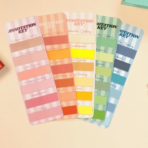 May include: Five rectangular annotation key bookmarks with vertical stripes in pink, orange, yellow, green, and blue. Each bookmark features the text ANNOTATION KEY and categories including Favourite Quotes, Emotional, Love/Spice, Happy/Funny, Important, and Other.