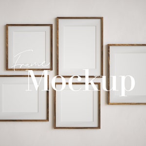 Boho Modern Frames, Minimalist 5 Frames Mockup, Interior Art Frame, Light Walnut, Frame Mockup Bundle, Set of Frames, Gallery Wall Frames