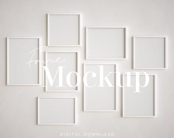 Gallery Wall Mockup: 8 White Frames, Multiple Ratios (Digital Download)