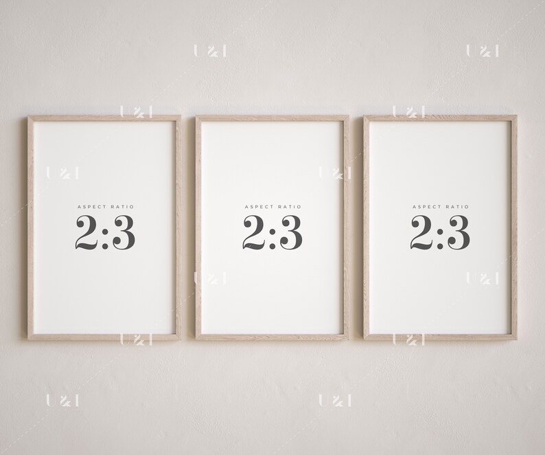 May include: Three framed prints with a light wood frame. Each print has a white background with black text that reads "ASPECT RATIO 2:3".