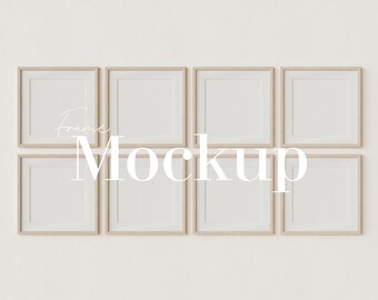 Maqueta de pared de galería: Juego de 8 marcos de madera (PSD y JPG)
