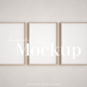 May include: Three wooden picture frames with white mats and a white background. The frames are arranged horizontally and the text "Frame Mockup" is written in white on the image.