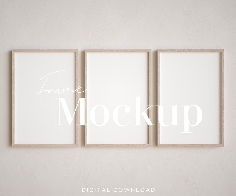May include: Three wooden picture frames with white mats and a white background. The frames are arranged horizontally and the text "Frame Mockup" is written in white on the image.