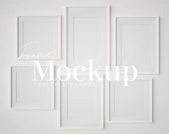May include: Set of six white picture frames arranged in a rectangular shape on a white wall. The frames are all the same size and have a simple, modern design.