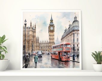 London, Londres, United Kingdom, UK, England, AI, Watercolour, Instant Download, Digital Poster, Printable Art, Artwork Download, Digital