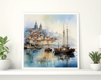 Porto, Oporto, Portugal, Ribeira do Porto, AI, Watercolour, Instant Download, Digital Poster, Printable Art, Artwork Download, Digital