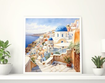 santorini, greece, Σαντορίνη, Θήρα, AI, Watercolour, Instant Download, Digital Poster, Printable Art, Artwork Download, Digital Download