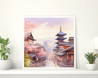 Kyoto, Japan, 日本, 京都, AI, Watercolour, Instant Download, Digital Poster, Printable Art, Artwork Download, Digital, asian temple, asia, nipon