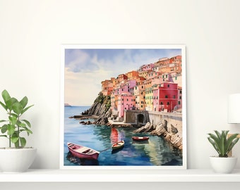 Cinque Terre, Itália, Italy, Mediterranean Sea, AI, Watercolour, Instant Download, Digital Poster, Printable Art, Artwork Download, Digital